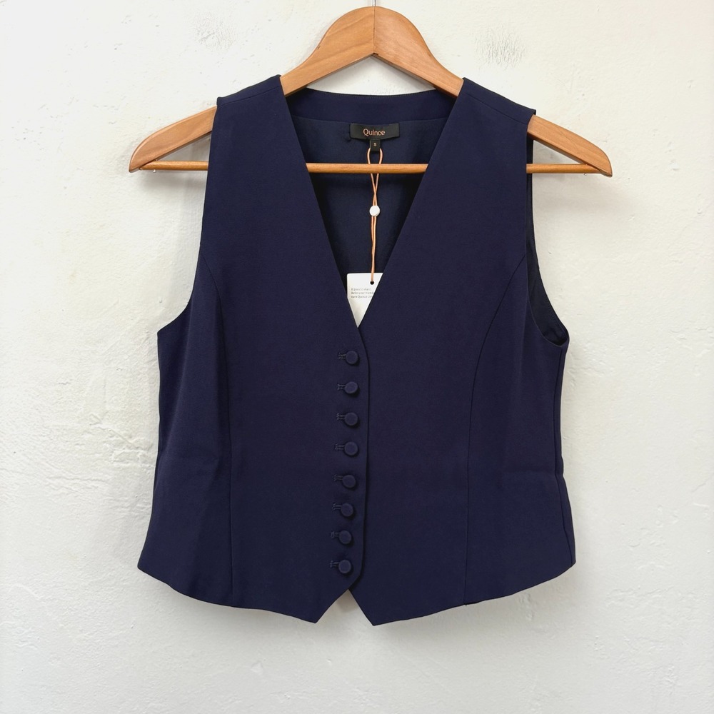 Quince Stretch Crepe Vest Women Size Small Blue Button Up New